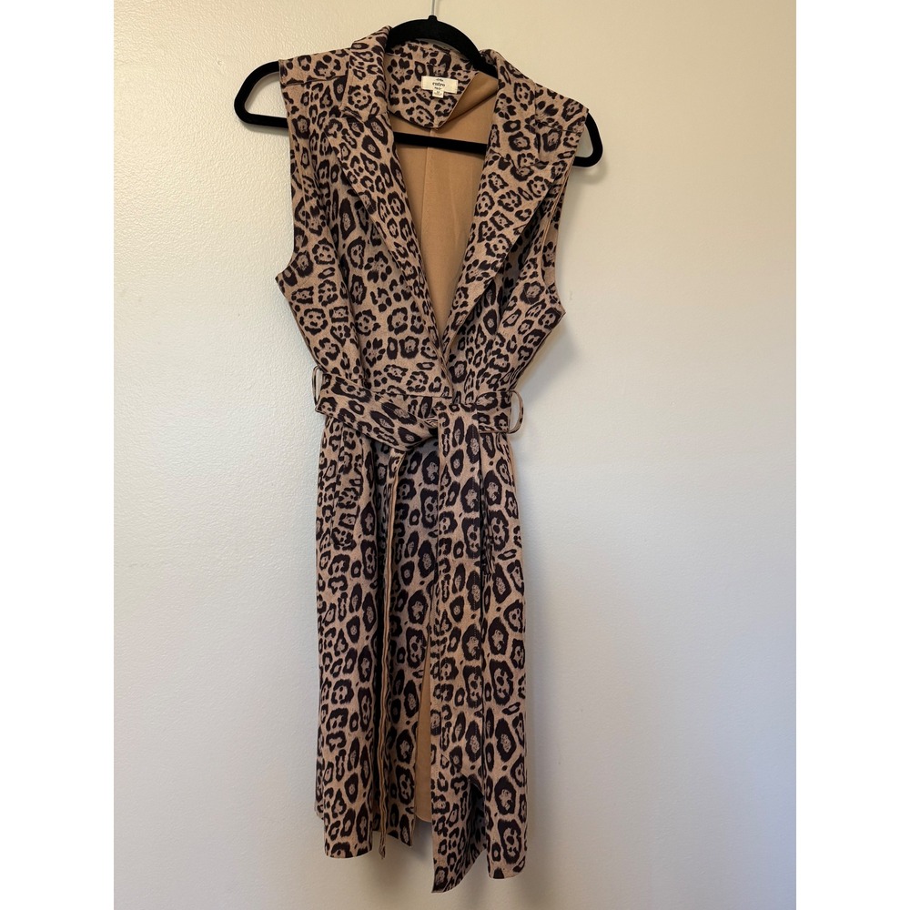 Entro Leopard Print Sleeveless Longline Vest Belted Trench Brown Tan Womens M